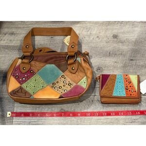 Fossil Patchwork‎ Leather Satchel Handbag and Wallet Set Multi Color Studded